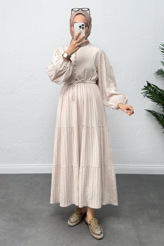 Bel Büzgülü Bağcıklı Elbise 0081 - EKRU