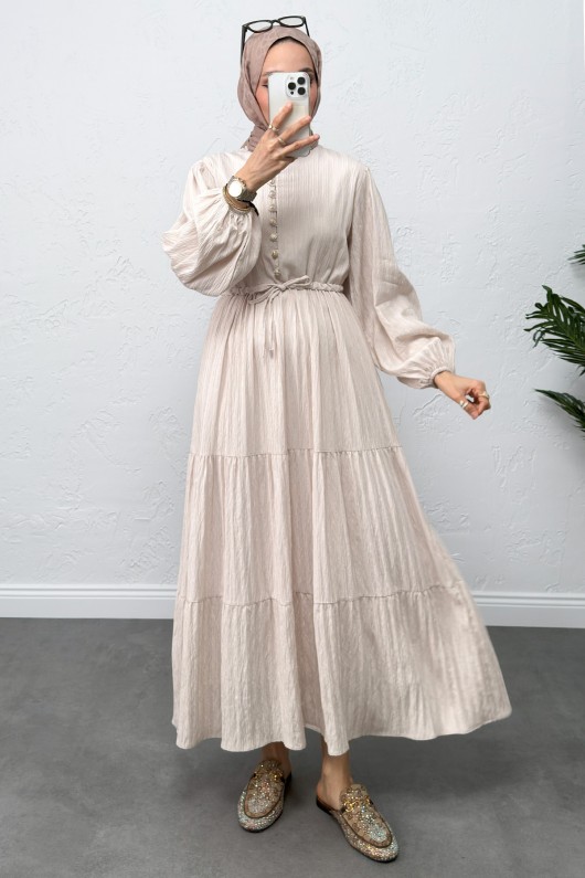 Bel Büzgülü Bağcıklı Elbise 0081 - EKRU