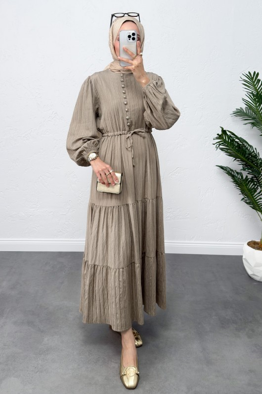 Bel Büzgülü Bağcıklı Elbise 0081 - HAKİ