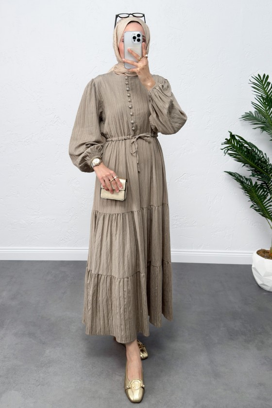 Bel Büzgülü Bağcıklı Elbise 0081 - HAKİ Bel Büzgülü Bağcıklı Elbise 0081 - HAKİ