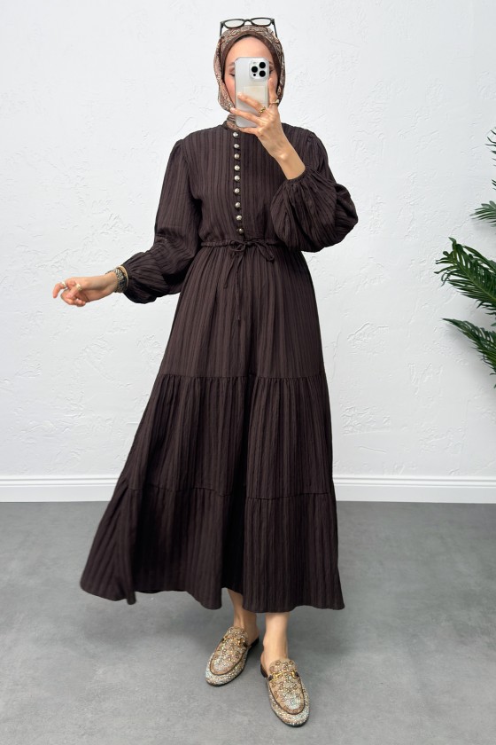 Bel Büzgülü Bağcıklı Elbise 0081 - KAHVERENGİ