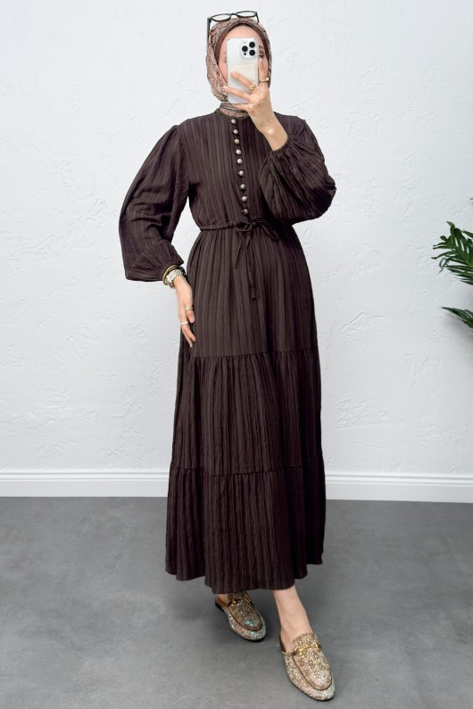 Bel Büzgülü Bağcıklı Elbise 0081 - KAHVERENGİ