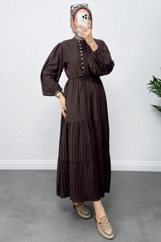 Bel Büzgülü Bağcıklı Elbise 0081 - KAHVERENGİ Bel Büzgülü Bağcıklı Elbise 0081 - KAHVERENGİ