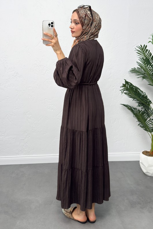 Bel Büzgülü Bağcıklı Elbise 0081 - KAHVERENGİ