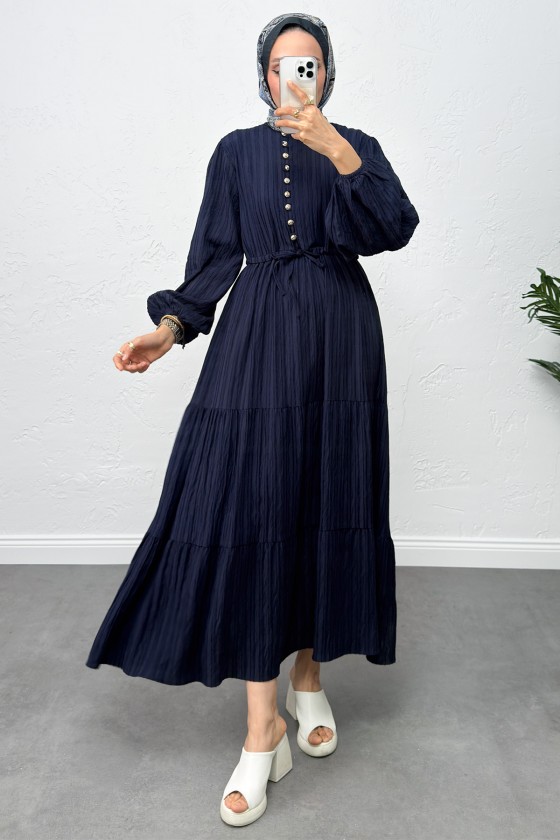 Bel Büzgülü Bağcıklı Elbise 0081 - LACİVERT