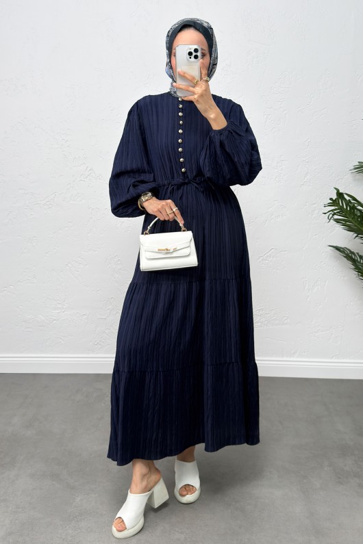 Bel Büzgülü Bağcıklı Elbise 0081 - LACİVERT