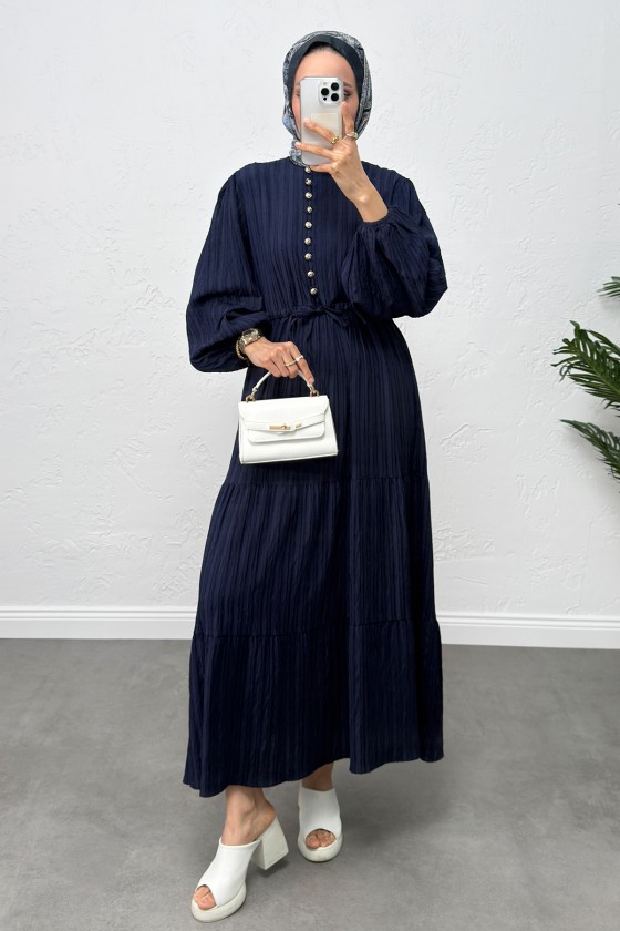 Bel Büzgülü Bağcıklı Elbise 0081 - LACİVERT Bel Büzgülü Bağcıklı Elbise 0081 - LACİVERT