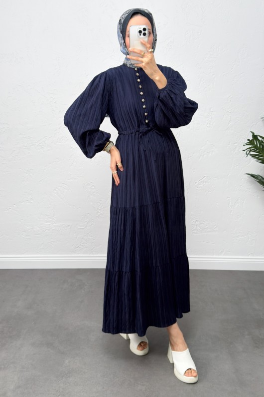 Bel Büzgülü Bağcıklı Elbise 0081 - LACİVERT