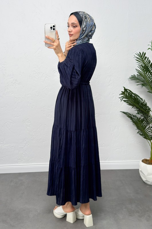 Bel Büzgülü Bağcıklı Elbise 0081 - LACİVERT