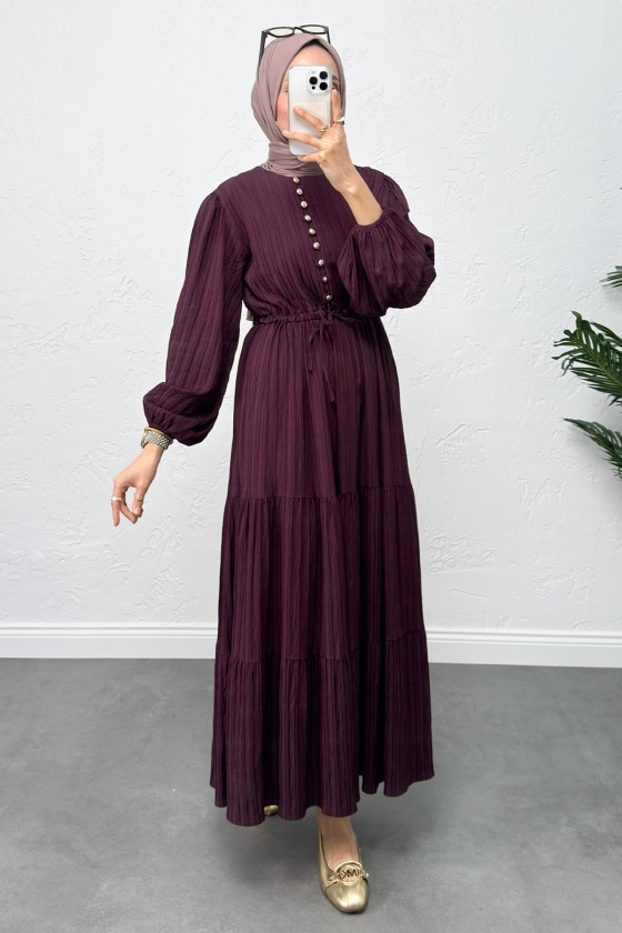 Bel Büzgülü Bağcıklı Elbise 0081 - MÜRDÜM Bel Büzgülü Bağcıklı Elbise 0081 - MÜRDÜM