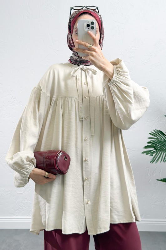 Yaka Bağcıklı Biritli Tunik 0083 - EKRU