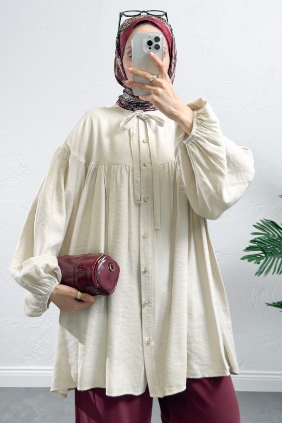 Yaka Bağcıklı Biritli Tunik 0083 - EKRU