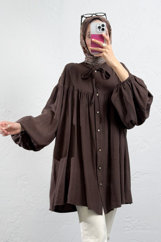 Yaka Bağcıklı Biritli Tunik 0083 - KAHVERENGİ