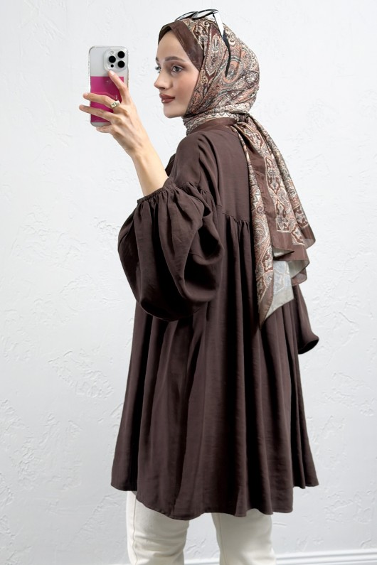Yaka Bağcıklı Biritli Tunik 0083 - KAHVERENGİ