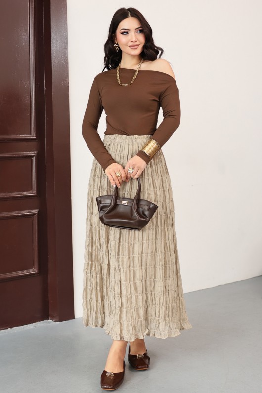 Lastik Bel Gipeli Maxi Etek 0084 - BEJ