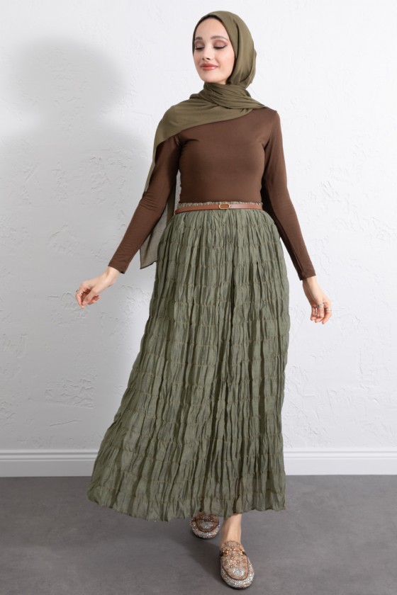 Lastik Bel Gipeli Maxi Etek 0084 - HAKİ