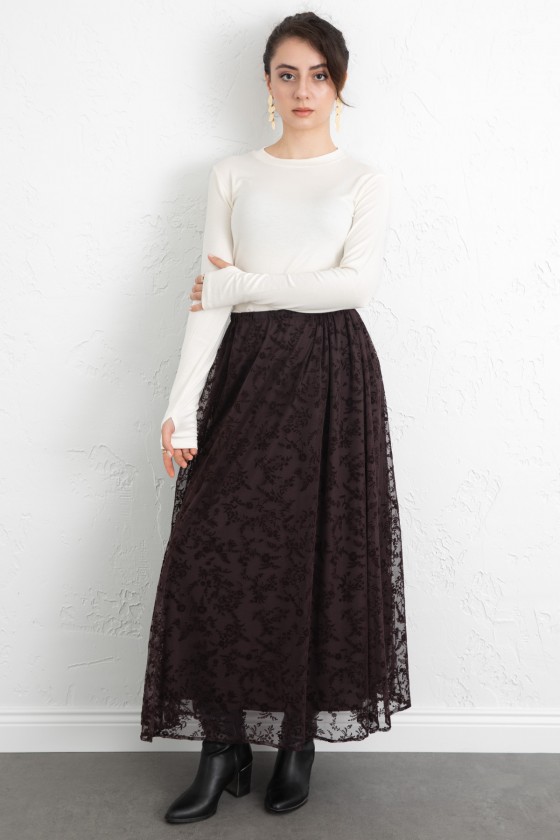 Çiçek Desenli Tül Etek 0085 - KAHVERENGİ