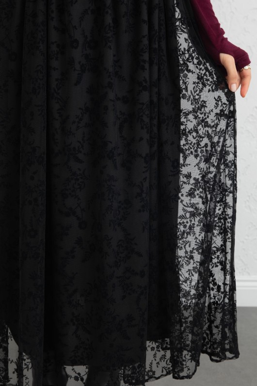 Çiçek Desenli Tül Etek 0085 - SİYAH