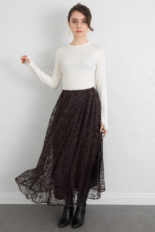 Çiçek Desenli Tül Etek 0085 - KAHVERENGİ