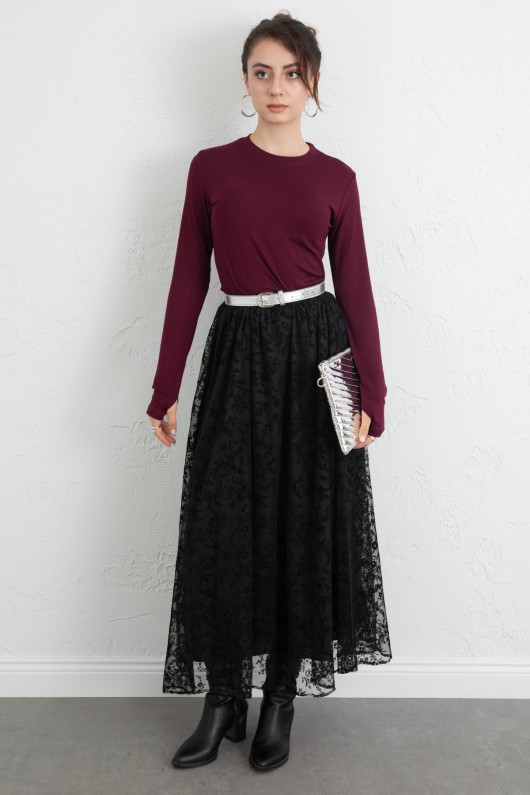 Çiçek Desenli Tül Etek 0085 - SİYAH