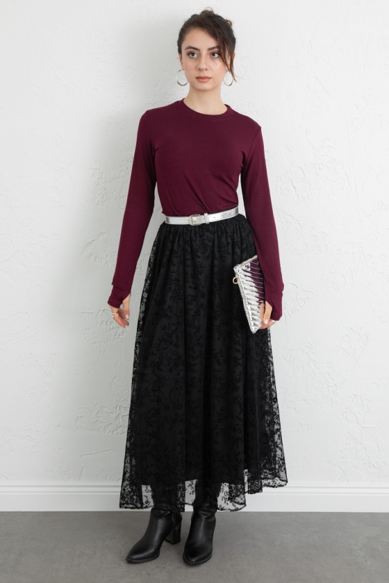 Çiçek Desenli Tül Etek 0085 - SİYAH