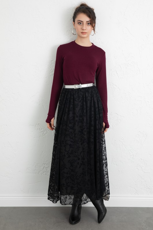 Çiçek Desenli Tül Etek 0085 - SİYAH