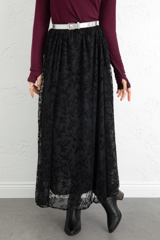 Çiçek Desenli Tül Etek 0085 - SİYAH