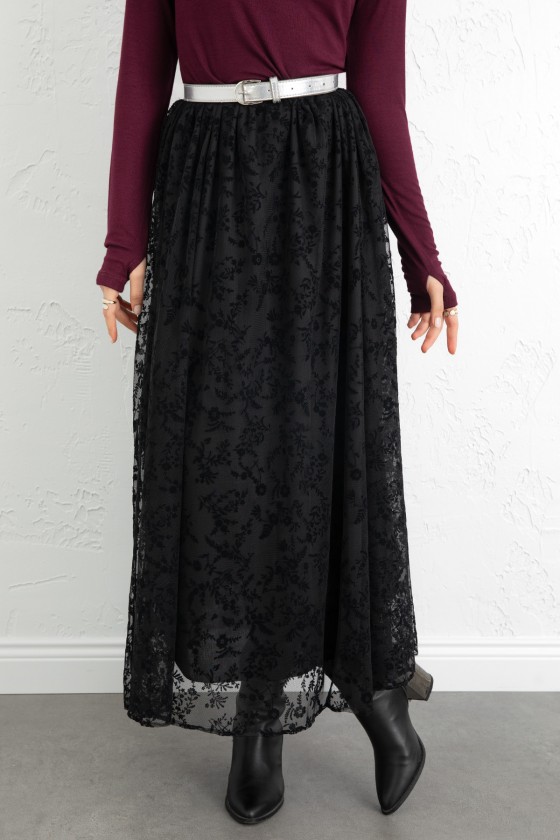 Çiçek Desenli Tül Etek 0085 - SİYAH