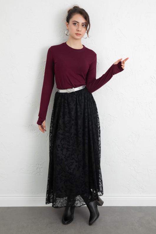 Çiçek Desenli Tül Etek 0085 - SİYAH