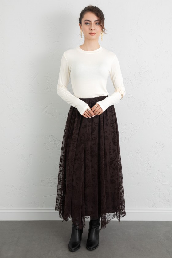 Buta Desenli Asimetrik Tül Etek 0086 - KAHVERENGİ