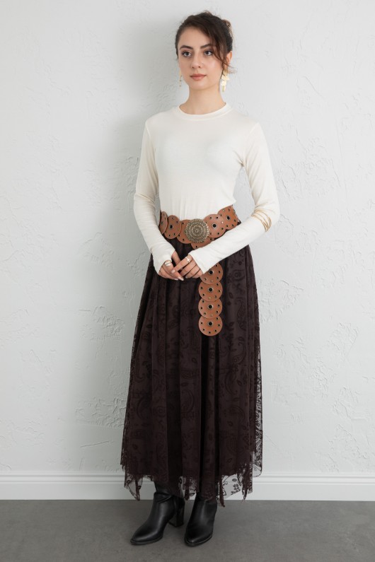 Buta Desenli Asimetrik Tül Etek 0086 - KAHVERENGİ Buta Desenli Asimetrik Tül Etek 0086 - KAHVERENGİ