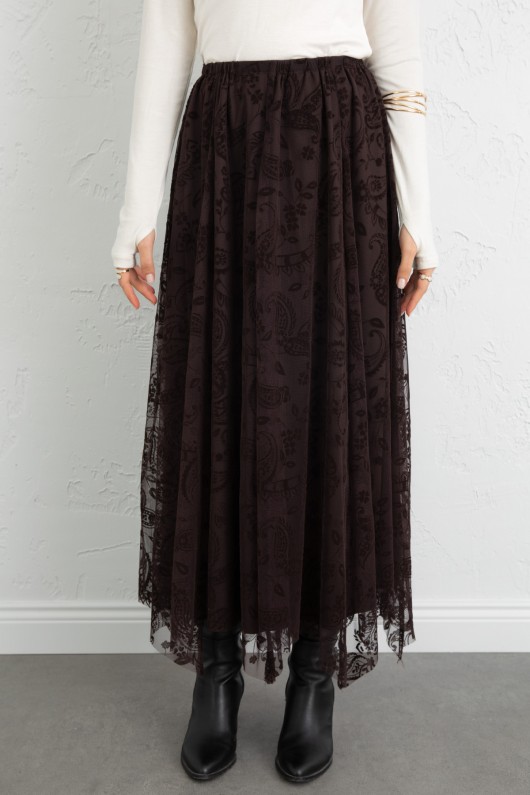 Buta Desenli Asimetrik Tül Etek 0086 - KAHVERENGİ Buta Desenli Asimetrik Tül Etek 0086 - KAHVERENGİ