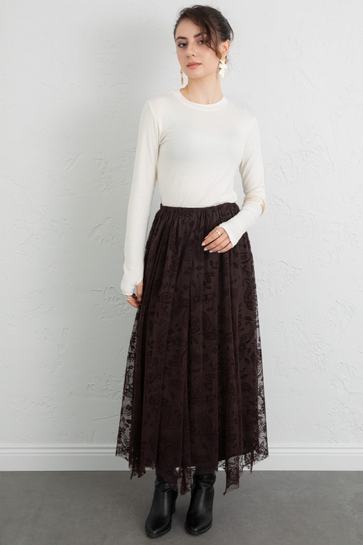 Buta Desenli Asimetrik Tül Etek 0086 - KAHVERENGİ Buta Desenli Asimetrik Tül Etek 0086 - KAHVERENGİ