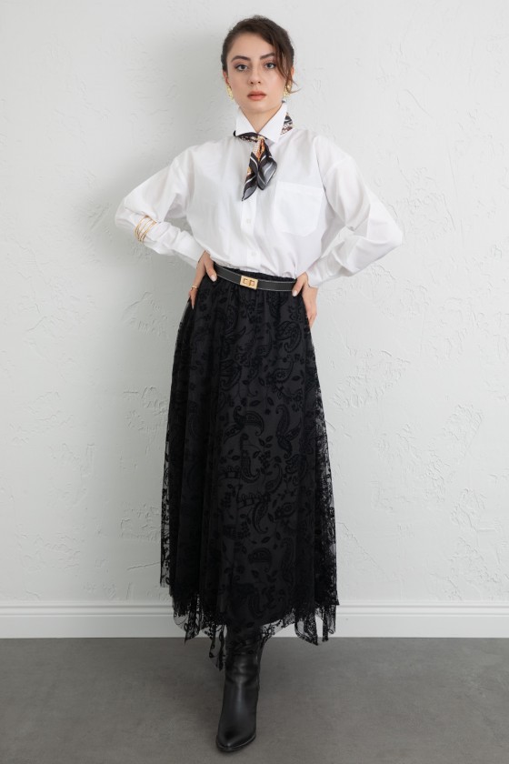 Buta Desenli Asimetrik Tül Etek 0086 - SİYAH