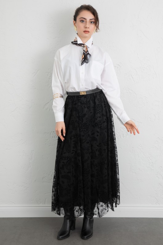 Buta Desenli Asimetrik Tül Etek 0086 - SİYAH