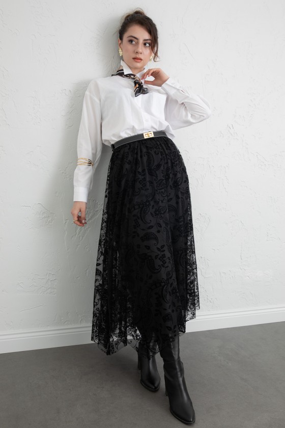 Buta Desenli Asimetrik Tül Etek 0086 - SİYAH