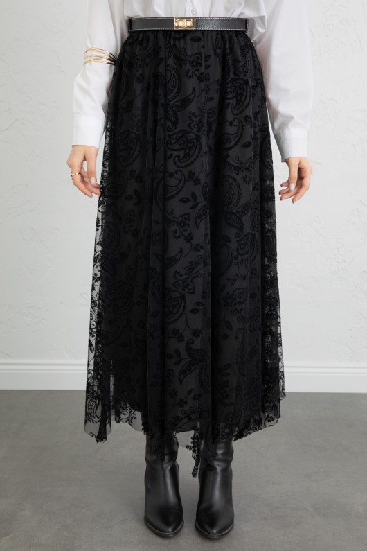 Buta Desenli Asimetrik Tül Etek 0086 - SİYAH