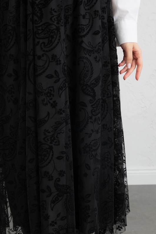 Buta Desenli Asimetrik Tül Etek 0086 - SİYAH