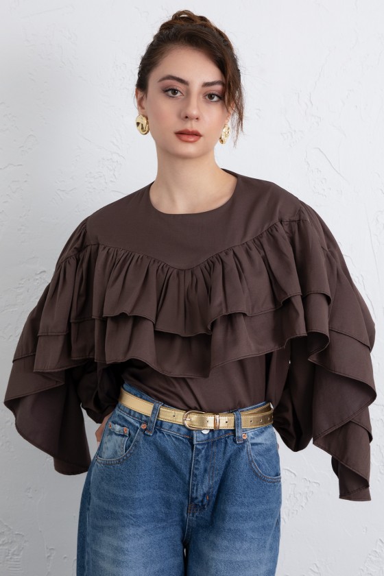 Volan Detay Bluz 0087 - KAHVERENGİ