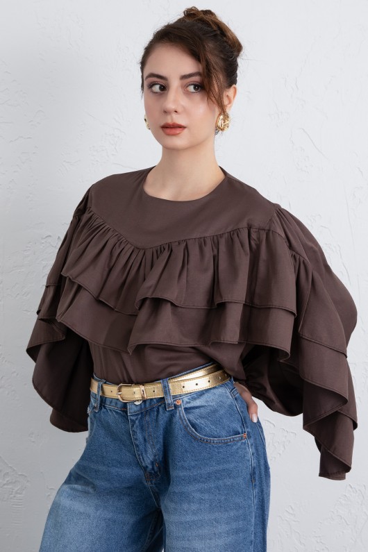 Volan Detay Bluz 0087 - KAHVERENGİ