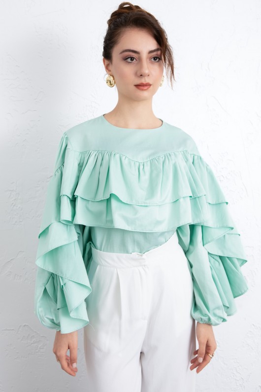 Volan Detay Bluz 0087 - MİNT YEŞİLİ Volan Detay Bluz 0087 - MİNT YEŞİLİ