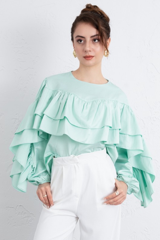 Volan Detay Bluz 0087 - MİNT YEŞİLİ Volan Detay Bluz 0087 - MİNT YEŞİLİ