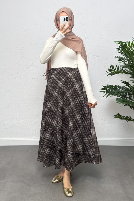 Bağlamalı Ekose Etek 0092 - KAHVERENGİ