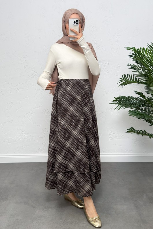 Bağlamalı Ekose Etek 0092 - KAHVERENGİ