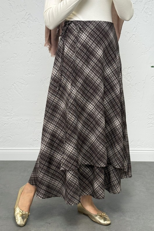 Bağlamalı Ekose Etek 0092 - KAHVERENGİ