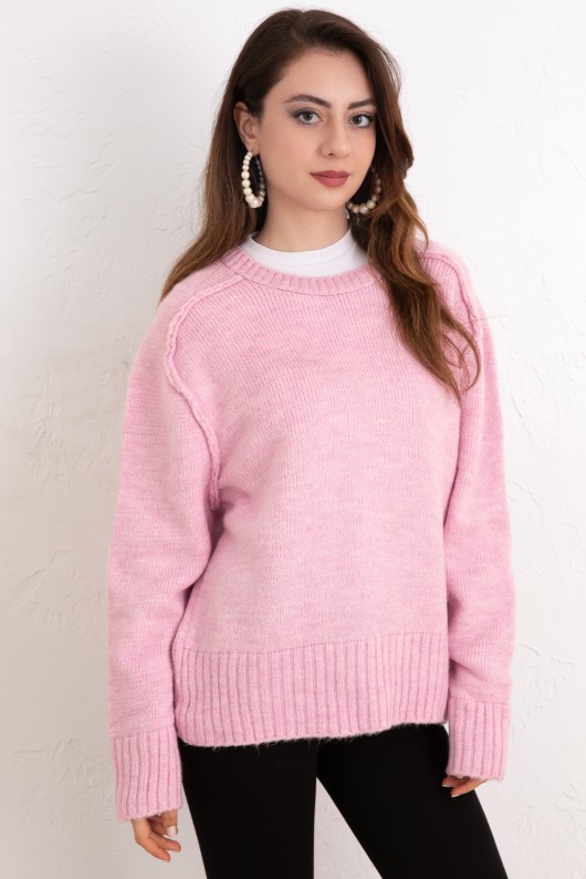 T Dikiş Triko Kazak 0093 - PEMBE