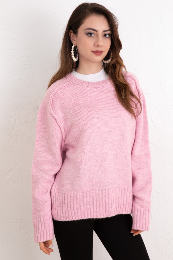 T Dikiş Triko Kazak 0093 - PEMBE