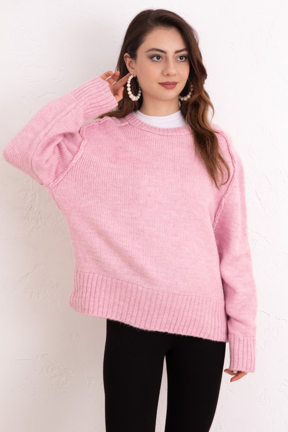 T Dikiş Triko Kazak 0093 - PEMBE