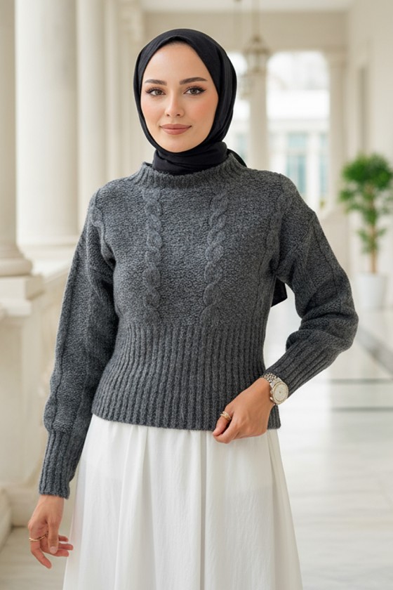 Bel Ribana Örgülü Kazak 0174 - ANTRASİT