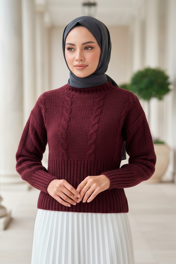 Bel Ribana Örgülü Kazak 0174 - BORDO